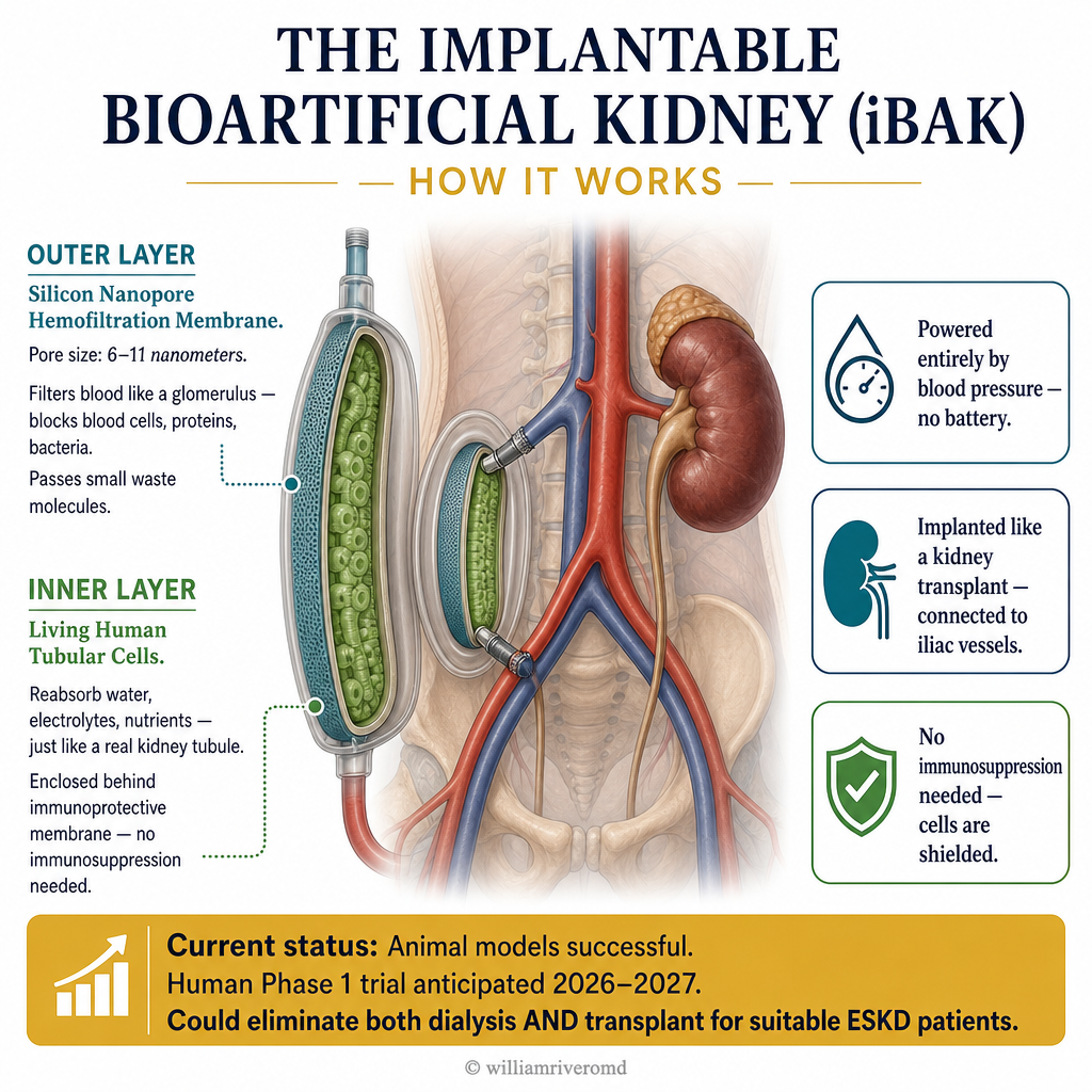 Implantable Bioartificial Kidney (iBAK) diagram — silicon nanopore membrane (6-11nm pores, filters like glomerulus) layered with living human tubular cells (reabsorb water and electrolytes); powered by blood pressure alone; no battery needed; no immunosuppression required; implanted like a transplant connected to iliac vessels; Phase 1 human trials anticipated 2026-2027
