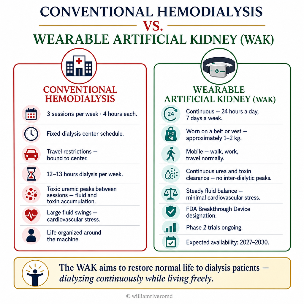 Conventional hemodialysis vs Wearable Artificial Kidney — HD: 3x/week 4 hours fixed center schedule, toxic inter-dialytic peaks, large fluid swings; WAK: continuous 24/7 belt-worn 1-2kg, steady clearance, mobile normal life, FDA Breakthrough Device, expected 2027-2030