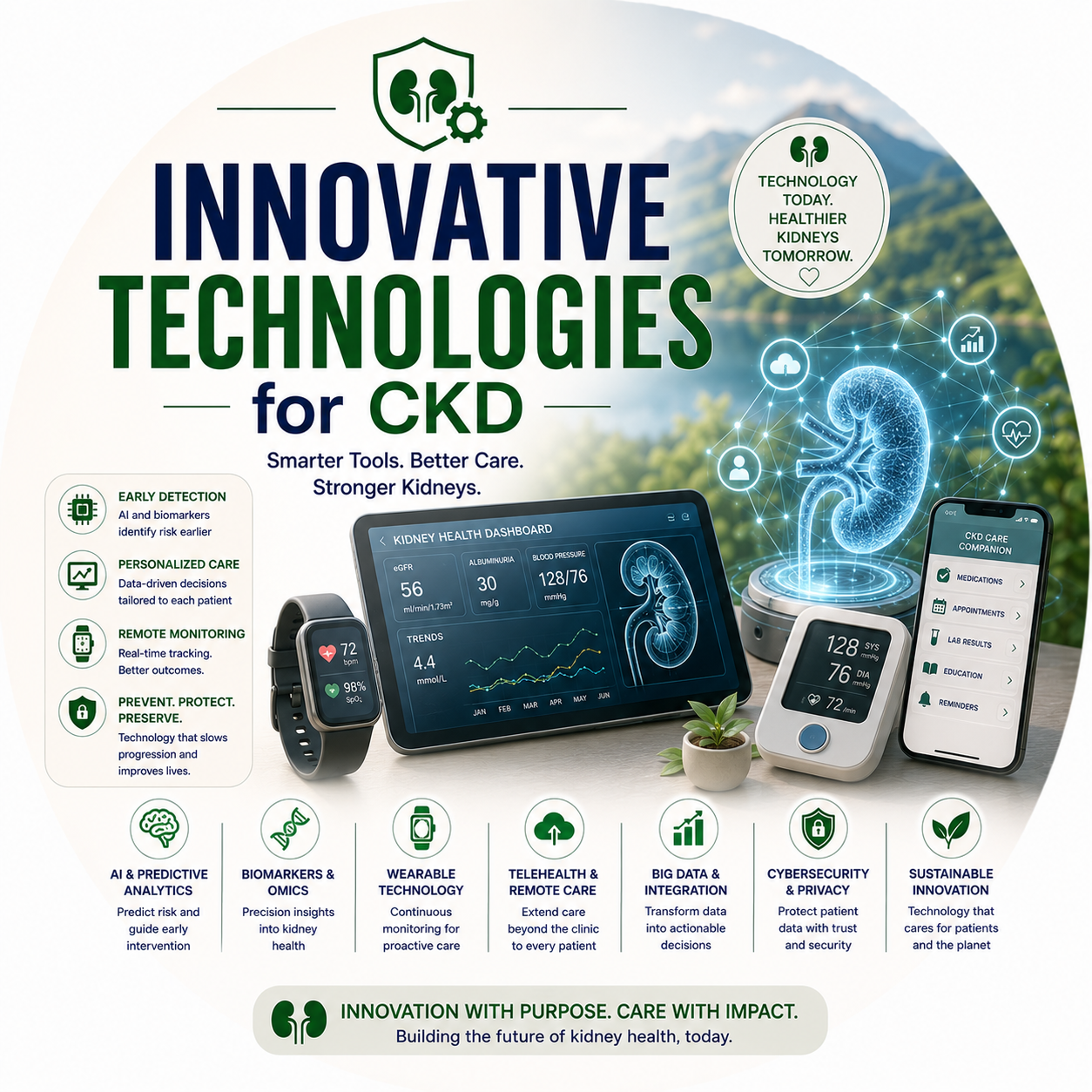 Circular vignette hero illustration for the innovative technologies in CKD guide.