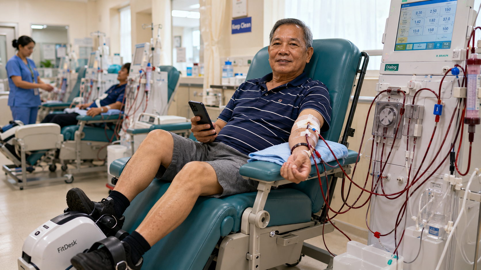 Filipino dialysis patient pedaling a FitDesk under-chair cycling device during hemodialysis session, B.Braun Dialog machine beside him, relaxed and holding phone, nurse visible in background