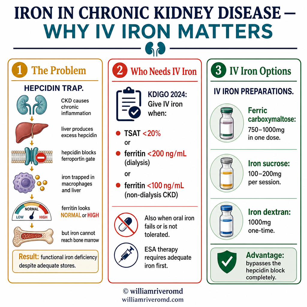 Iron in CKD infographic: hepcidin trap mechanism, KDIGO 2024 IV iron thresholds (TSAT <20%, ferritin <200 dialysis / <100 non-dialysis), IV iron preparations bypassing hepcidin block