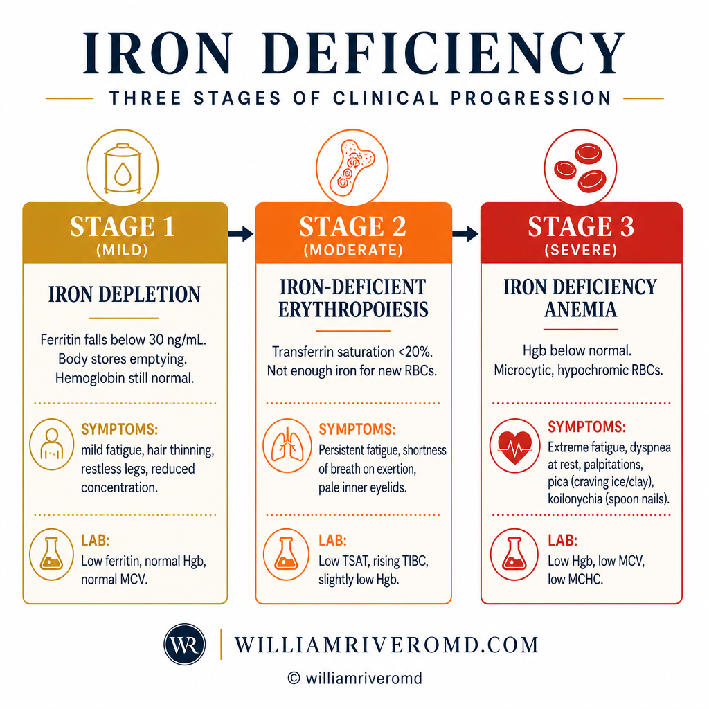Three stages of iron deficiency: Stage 1 iron depletion (low ferritin), Stage 2 iron-deficient erythropoiesis (low TSAT), Stage 3 iron deficiency anemia (low Hgb, microcytic RBCs)