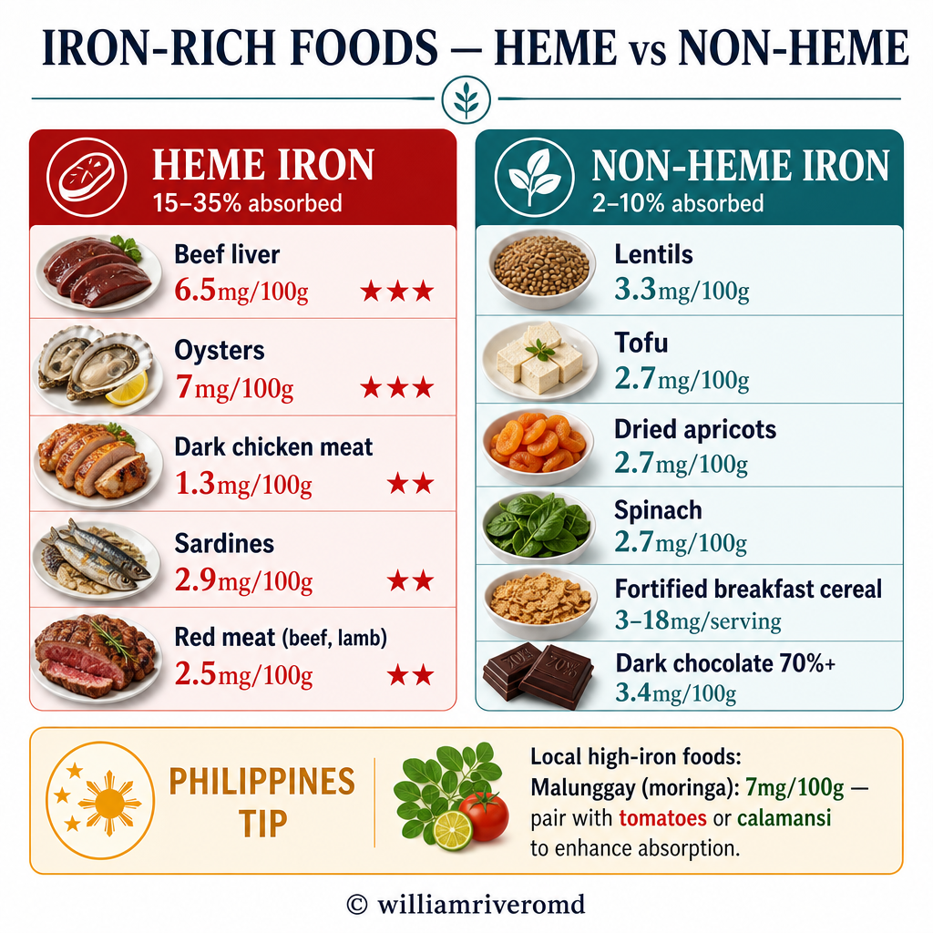 Iron-rich foods comparison: heme iron sources (beef liver 6.5mg, oysters 7mg, sardines, chicken) vs non-heme sources (malunggay 7mg, lentils, tofu, spinach, fortified cereals)
