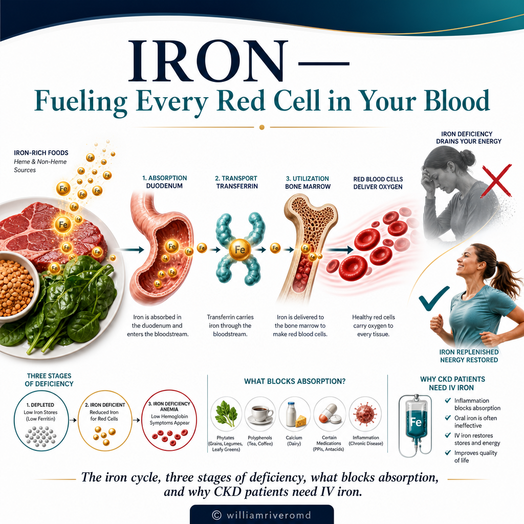 Iron — Fueling Every Red Cell in Your Blood: the journey from iron-rich foods through absorption in the gut to hemoglobin in red blood cells