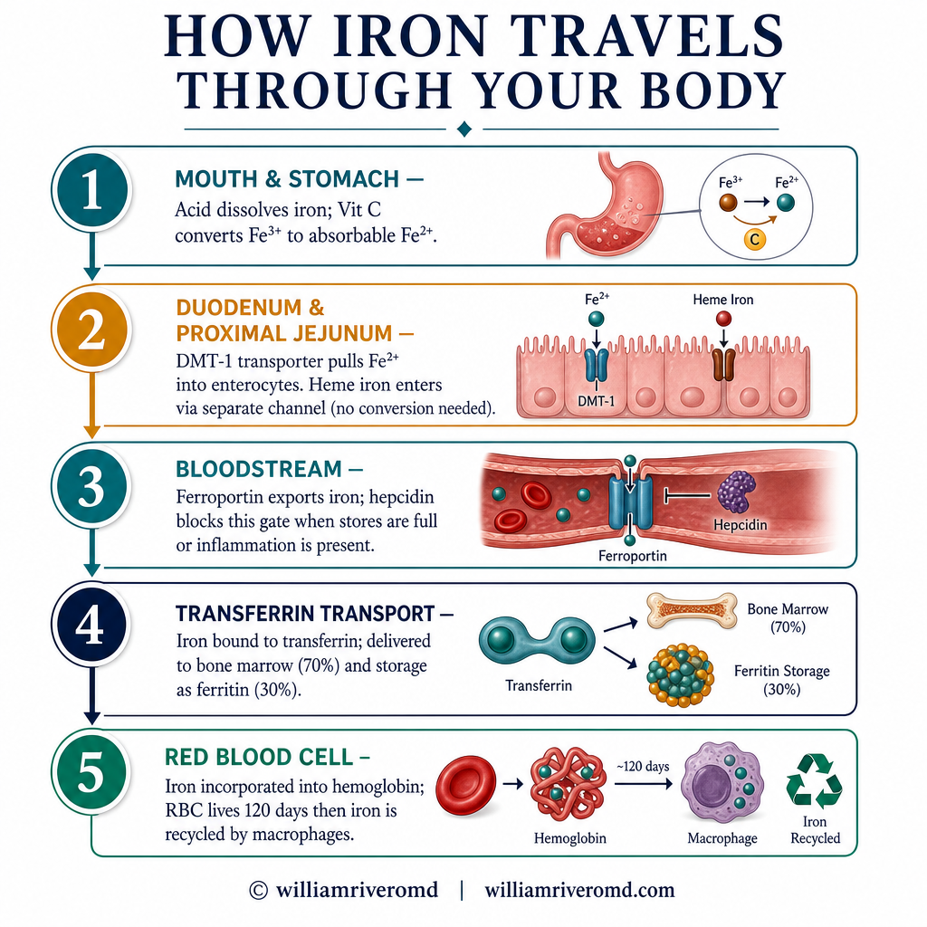 Iron absorption journey: from mouth through stomach acid conversion, duodenum DMT-1 transporter, bloodstream transferrin, to bone marrow and red blood cells