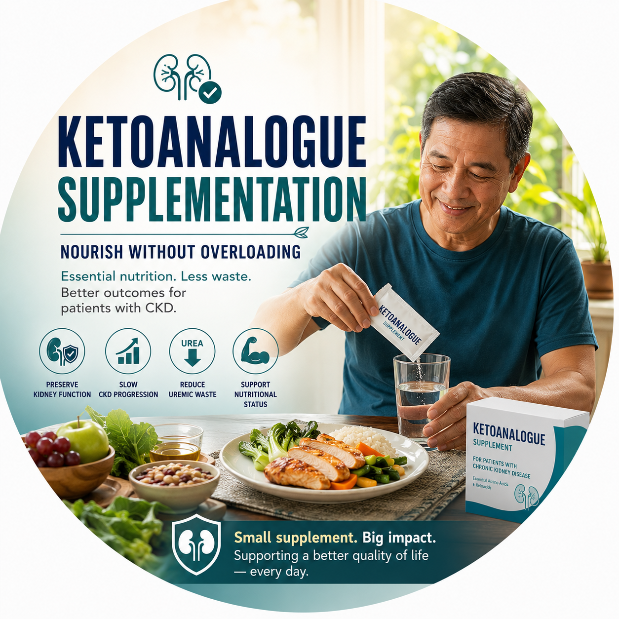 Circular vignette hero illustration for the ketoanalogue supplementation guide.