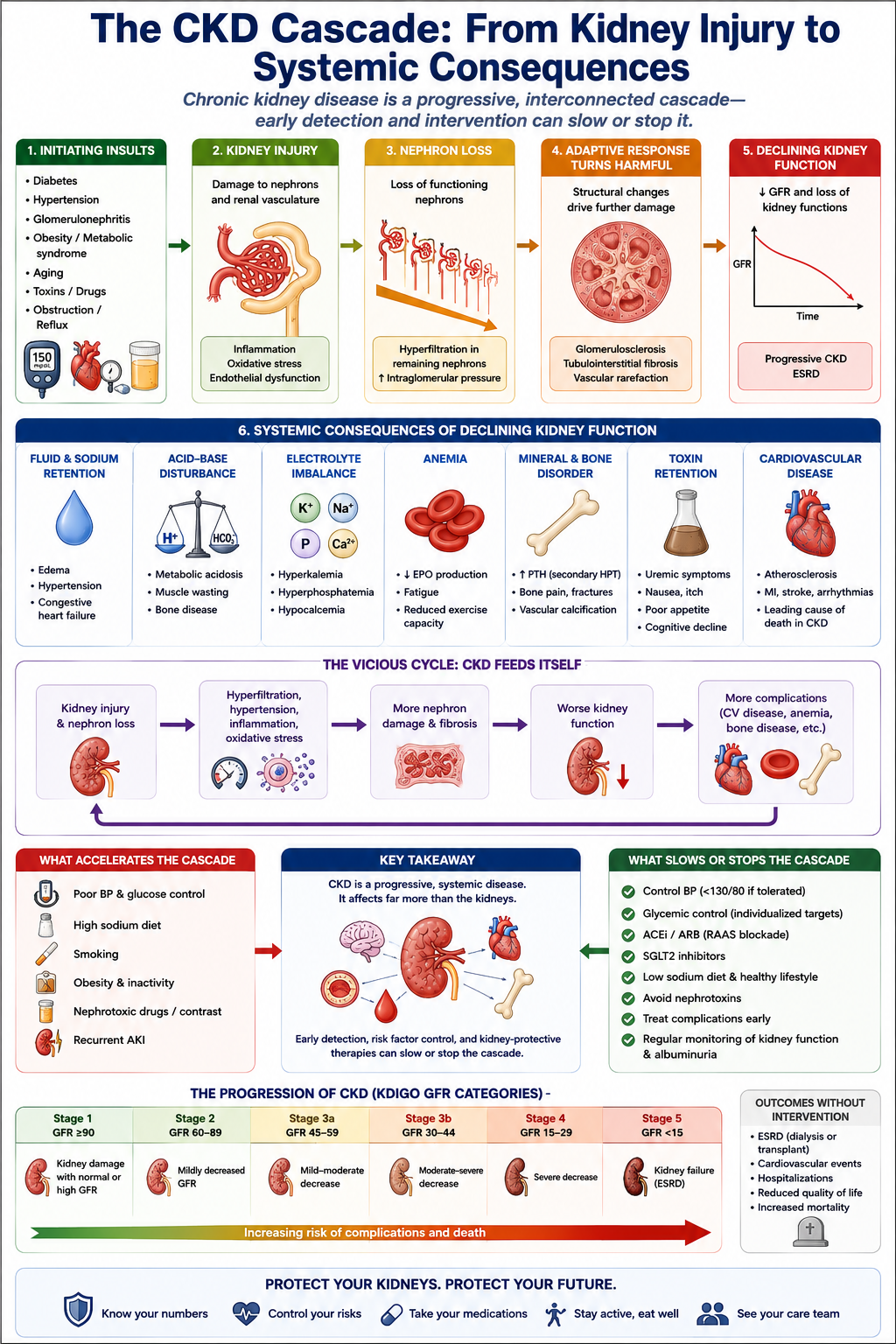 CKD complication cascade — progressive nephron loss across stages 1–5 causes simultaneous failure of waste removal, water and sodium control, potassium regulation, acid excretion, EPO production, vitamin D activation, and cardiovascular protection, leading to uremia, edema, hyperkalemia, acidosis, anemia, CKD-MBD, and heart disease.