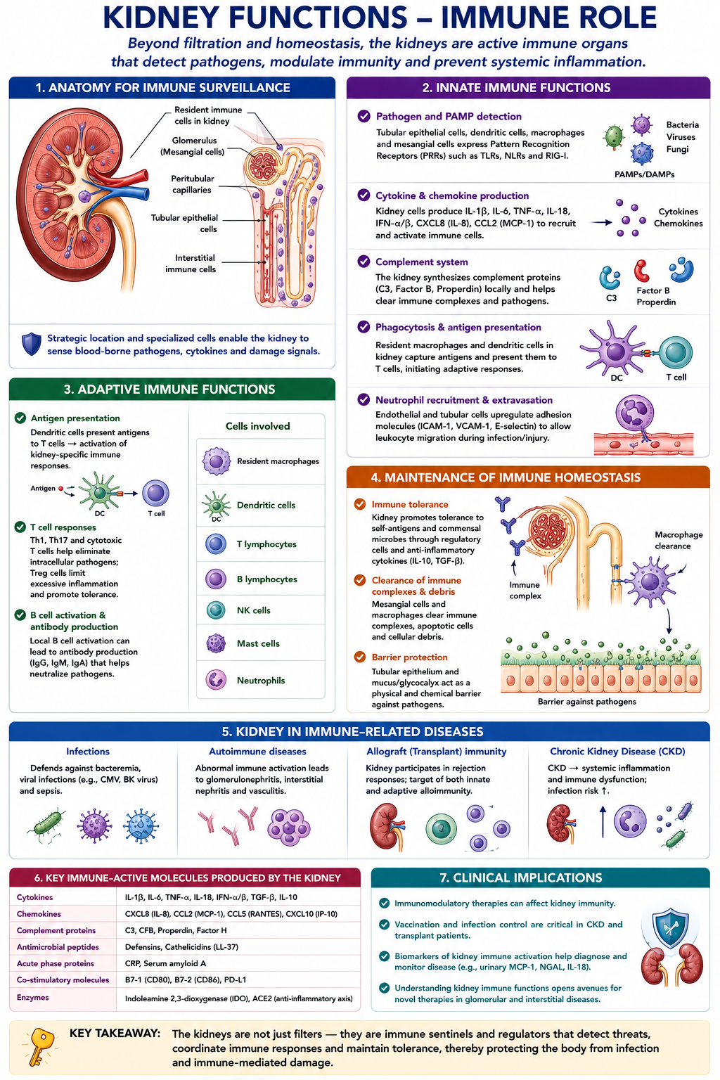 Renal immune signaling — tubular epithelial cells produce cytokines, chemokines, and antimicrobial signals; kidney-activated calcitriol modulates macrophages, T cells, and dendritic cells; Klotho suppresses inflammatory signaling.