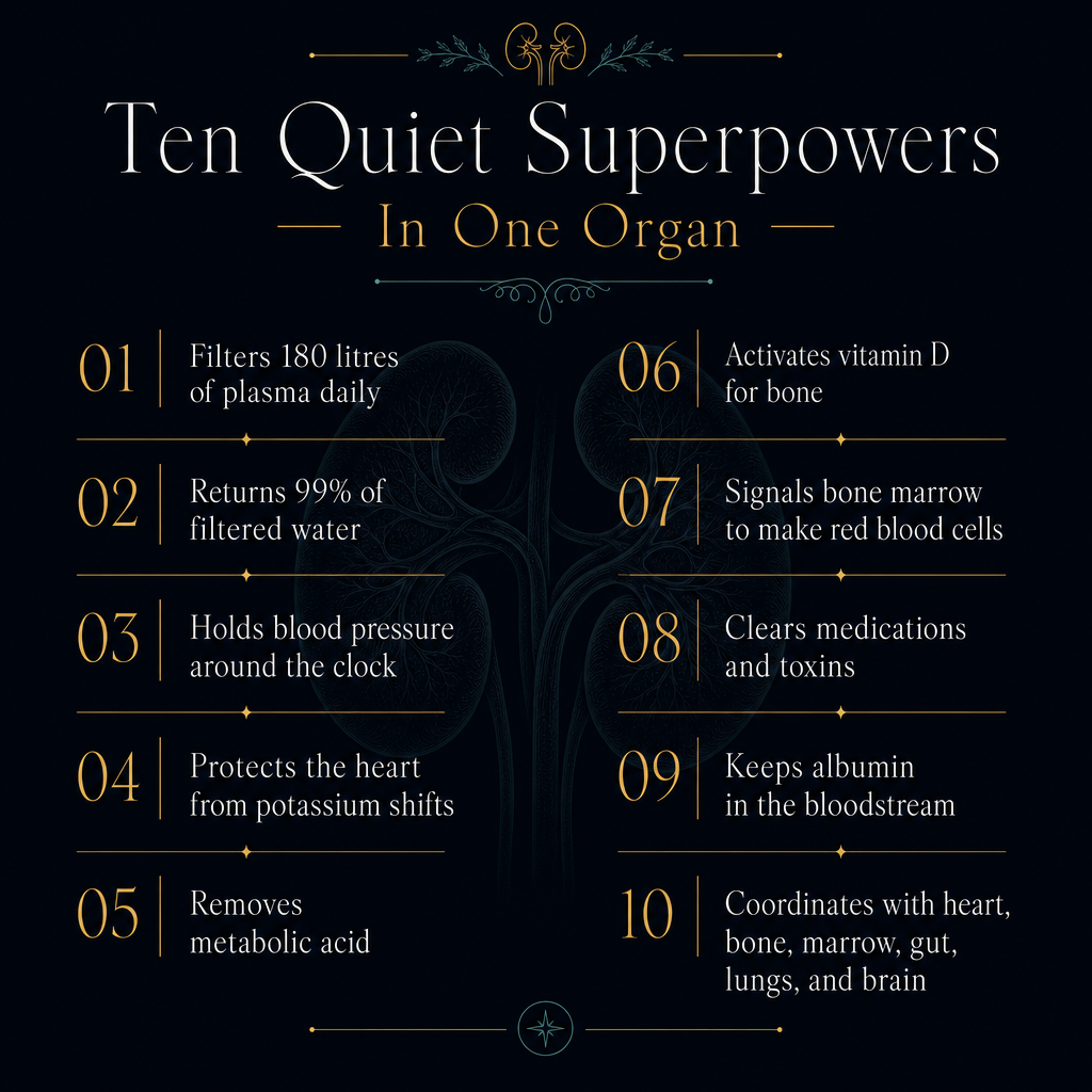 Ten quiet superpowers of the kidney — filters 180 liters of plasma daily, returns 99% of filtered water, holds blood pressure 24/7, protects the heart from potassium shifts, removes metabolic acid, activates vitamin D, signals bone marrow to make red blood cells, clears medications and toxins, keeps albumin in the bloodstream, coordinates with heart, bone, marrow, gut, lungs, and brain