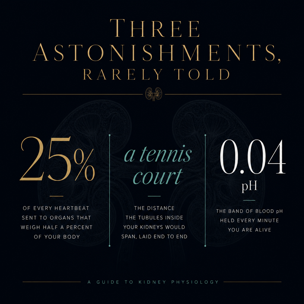 Three astonishments about kidney physiology — 25% of every heartbeat goes to organs that are 0.5% of body weight; the tubules inside your kidneys laid end to end would span a tennis court; blood pH held within ±0.04 every minute of your life