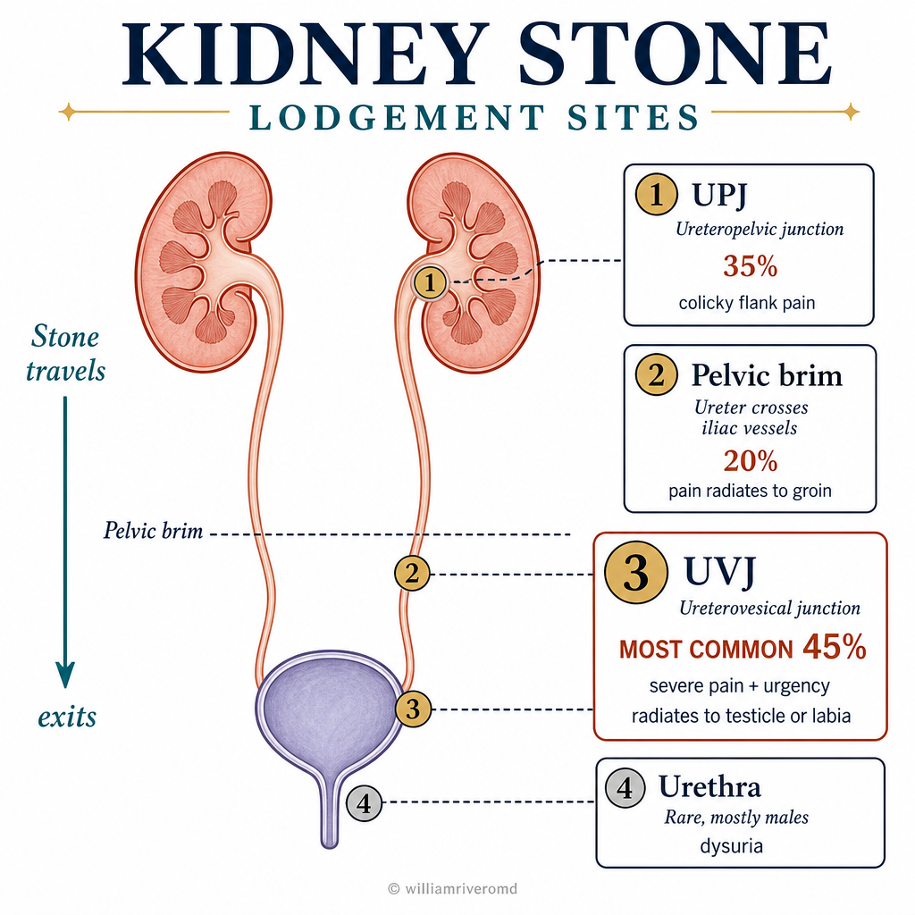 Kidney stone lodgement sites — anatomical diagram showing UPJ (35%), pelvic brim (20%), UVJ most common (45%), and urethra (rare) with pain descriptions