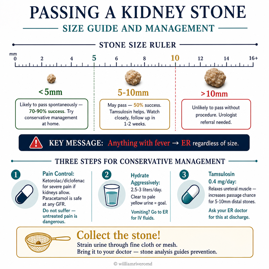Passing a Kidney Stone — size ruler showing <5mm 70-90% pass spontaneously, 5-10mm 50% with tamsulosin, >10mm needs procedure, plus 3-step management guide
