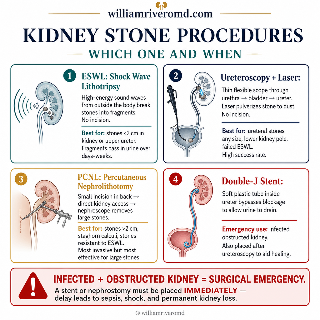 Kidney Stone Procedures — 2x2 grid: ESWL shock wave, ureteroscopy with laser, PCNL percutaneous, Double-J stent with infected obstructed kidney emergency alert