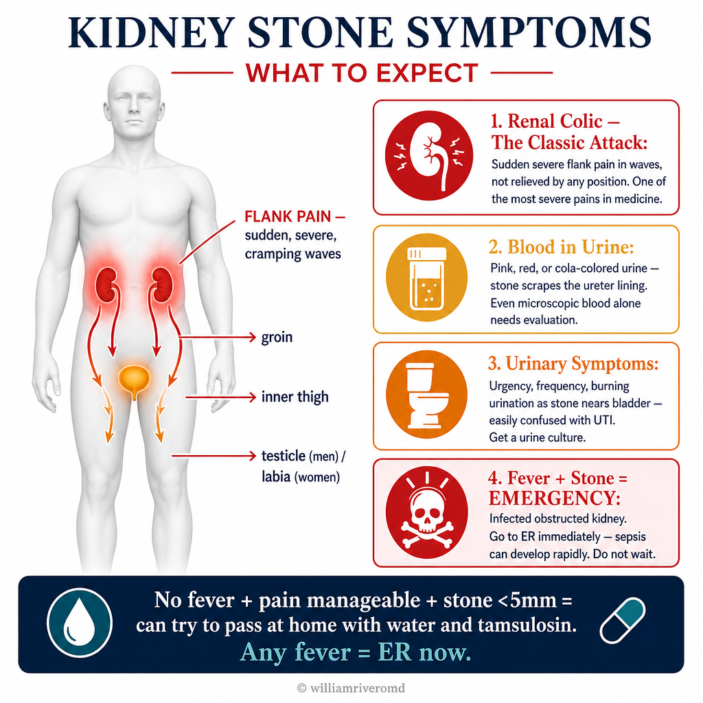 Kidney Stone Symptoms — body pain map showing flank-to-groin radiation, renal colic, hematuria, urinary symptoms, and fever emergency warning