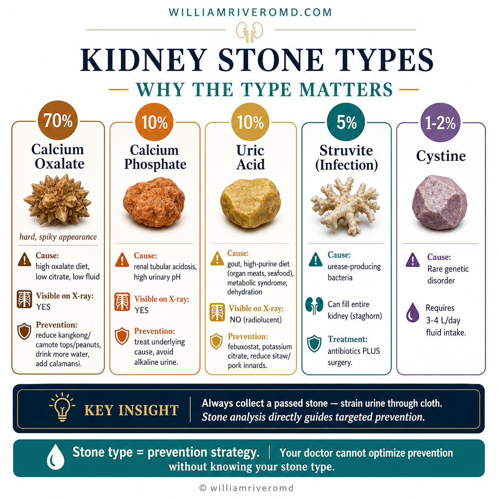 Kidney Stone Types — five cards showing calcium oxalate 70%, calcium phosphate 10%, uric acid 10%, struvite 5%, cystine 1-2% with causes, X-ray visibility, and Philippine-specific prevention