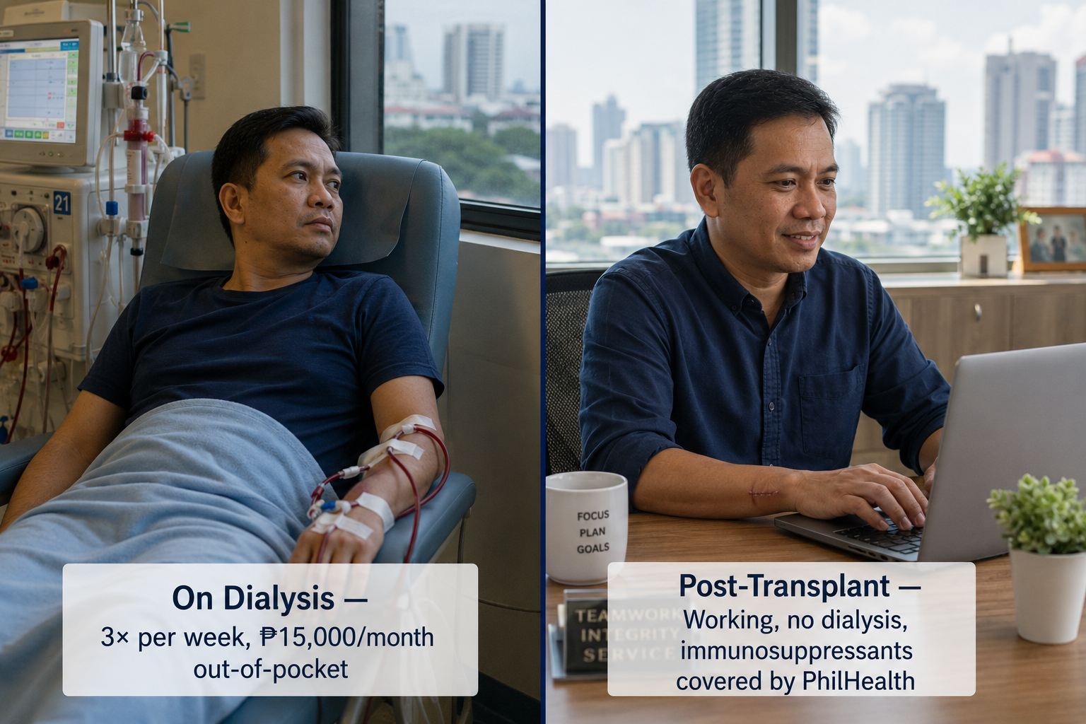 Split image: left shows Filipino man on hemodialysis with blood tubing attached labeled 'On Dialysis — 3× per week, ₱15,000/month out-of-pocket'; right shows the same man working at a laptop in a bright office labeled 'Post-Transplant — Working, no dialysis, immunosuppressants covered by PhilHealth'