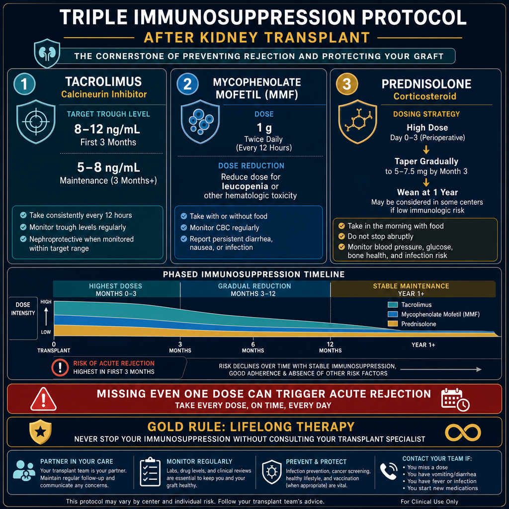 Triple immunosuppression protocol — tacrolimus plus MMF plus prednisolone; highest doses first 3 months, gradual reduction; lifelong therapy