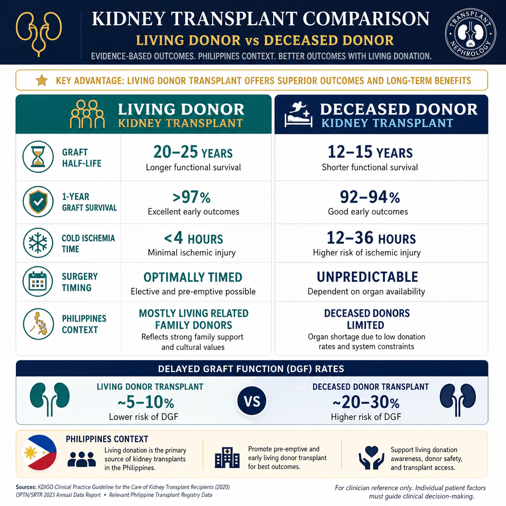 Living vs deceased donor transplant comparison — living donor superior graft survival, shorter cold ischemia, Philippines living related donors