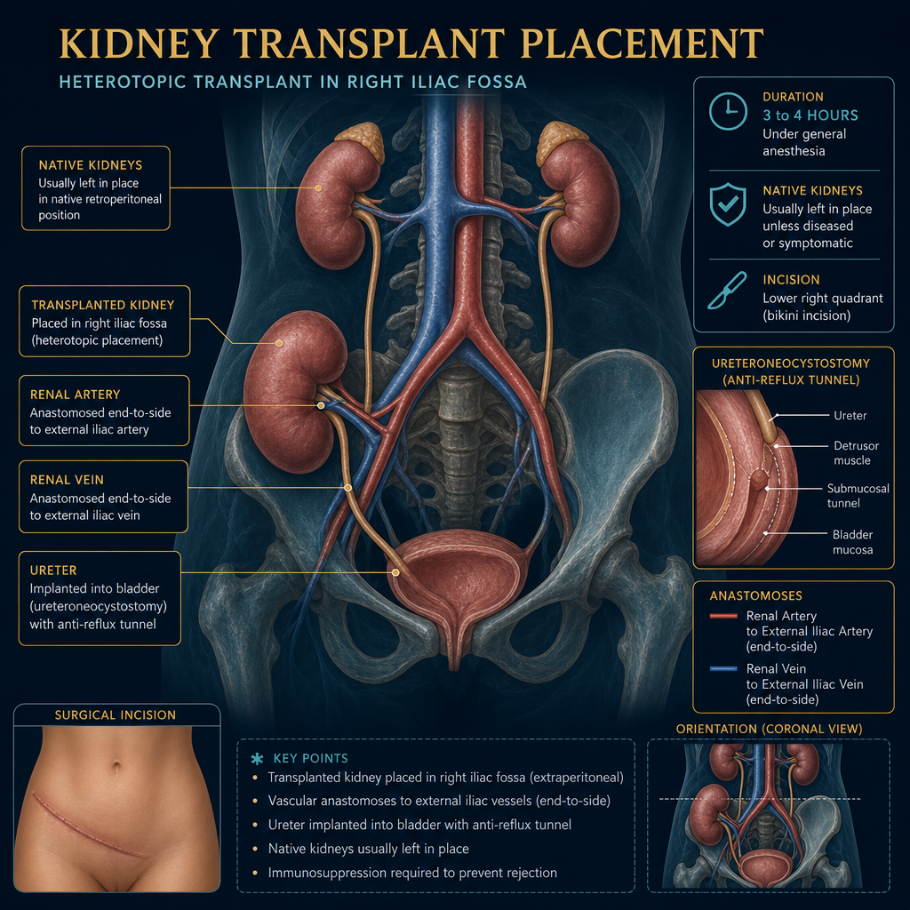 Kidney transplant surgical anatomy — heterotopic placement in right iliac fossa, renal artery to iliac artery, vein to iliac vein, ureter to bladder
