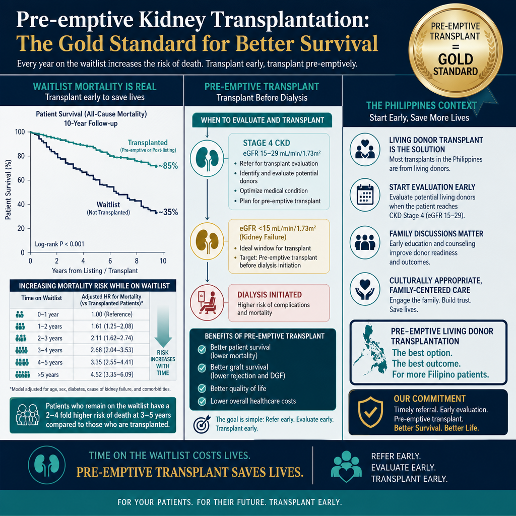 Kidney transplant waitlist mortality — increasing mortality each year on waitlist; pre-emptive transplant before dialysis provides best outcomes