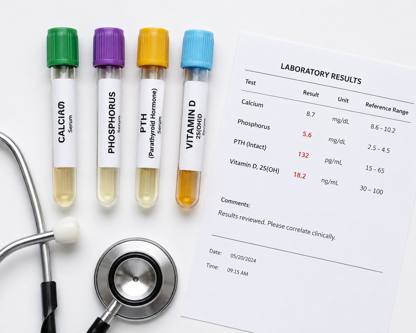 CKD-MBD mineral bone disease laboratory panel showing calcium, phosphorus, PTH and vitamin D targets with danger zones highlighted