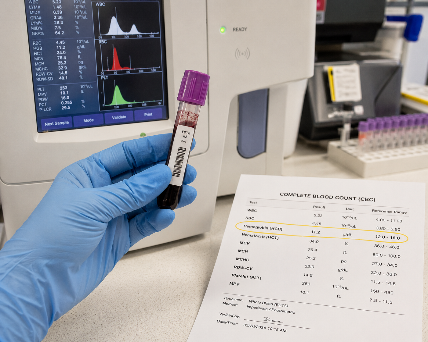 Complete blood count report highlighting hemoglobin, hematocrit and reticulocyte count with annotations showing CKD anemia pattern