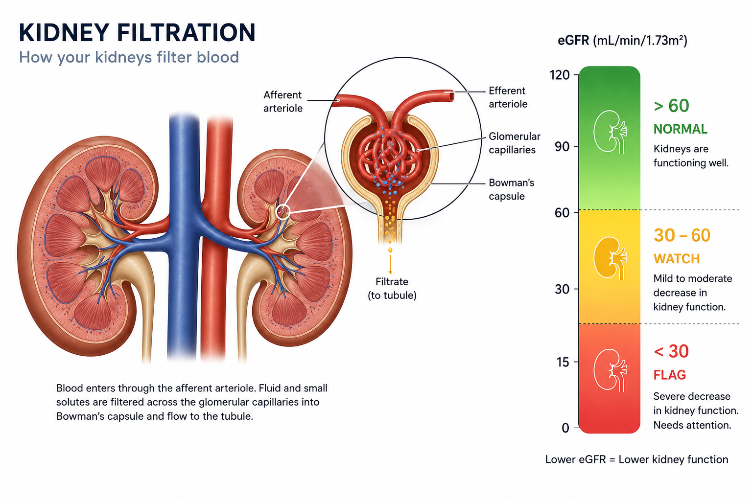 Visual explanation of eGFR and creatinine relationship showing CKD staging from Stage 1 to Stage 5 ESKD with corresponding eGFR ranges