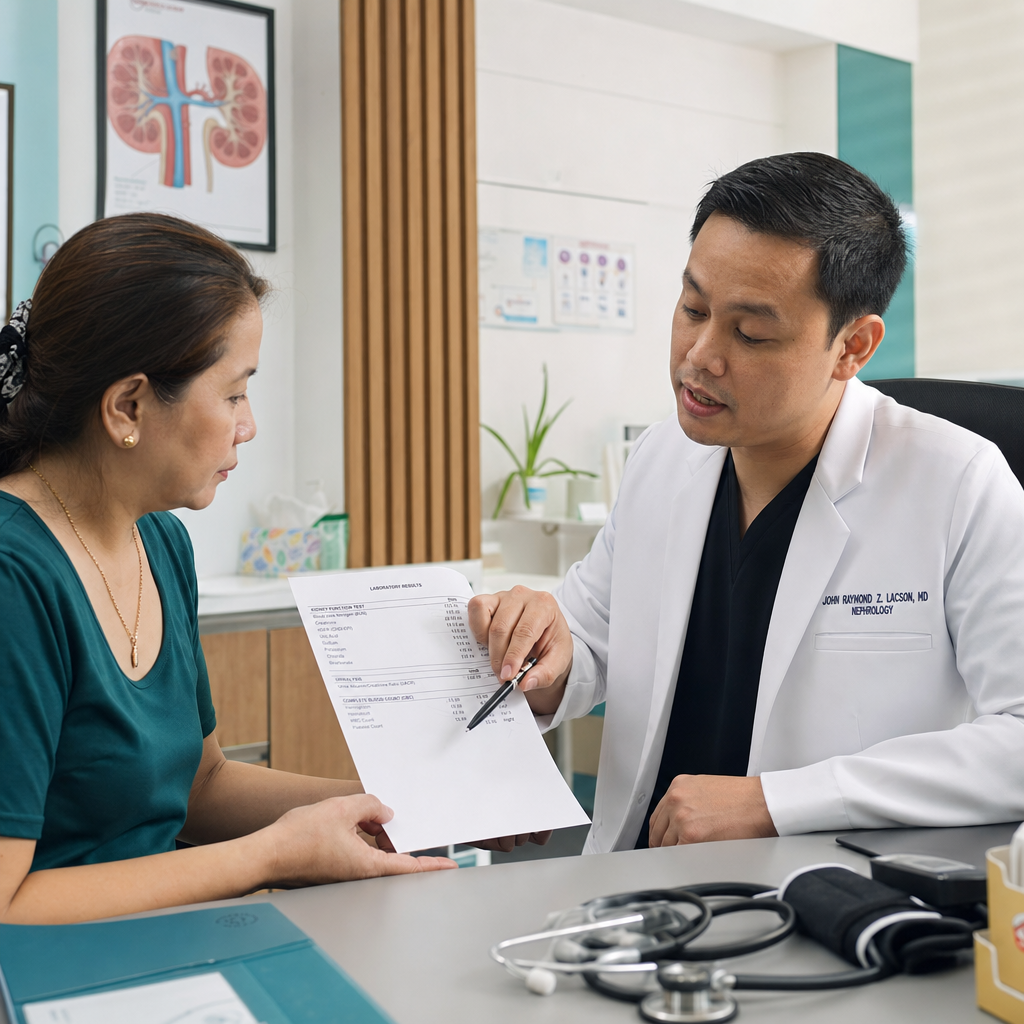 Lab results interpreter tool showing color-coded NORMAL, WATCH, FLAG badges across kidney function, CBC, lipids, diabetes, and CKD-MBD panels — Filipino patient holding results clipboard with stethoscope in background