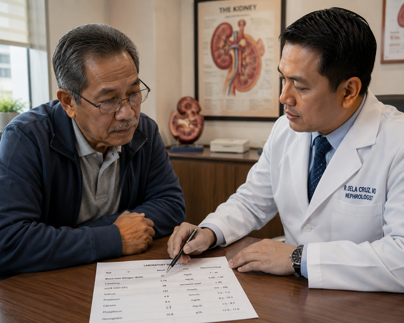 Filipino patient consulting with nephrologist reviewing lab results together with the doctor pointing to trend lines and explaining values