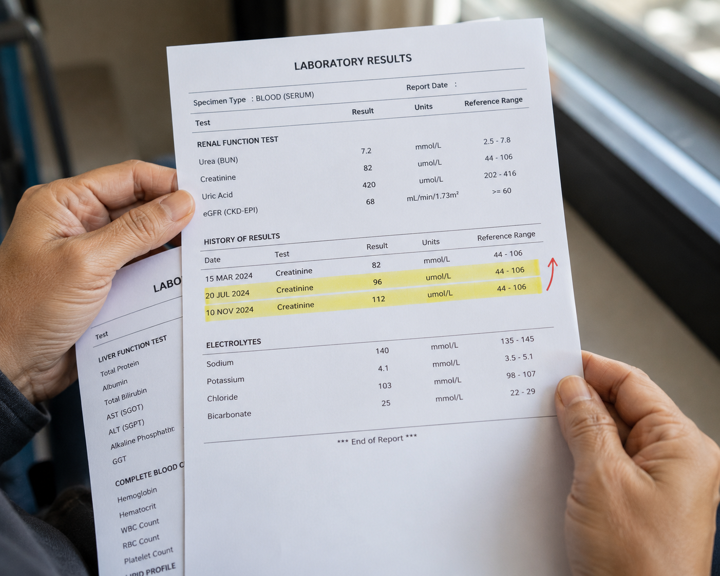 Filipino patient reviewing lab report with doctor showing how to read trend lines in creatinine and eGFR over multiple results