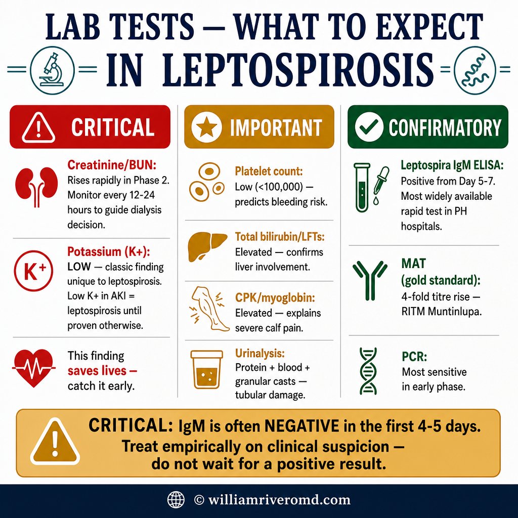 Leptospirosis lab tests — critical (creatinine, K+), important (platelets, LFTs), confirmatory (IgM ELISA, MAT, PCR)