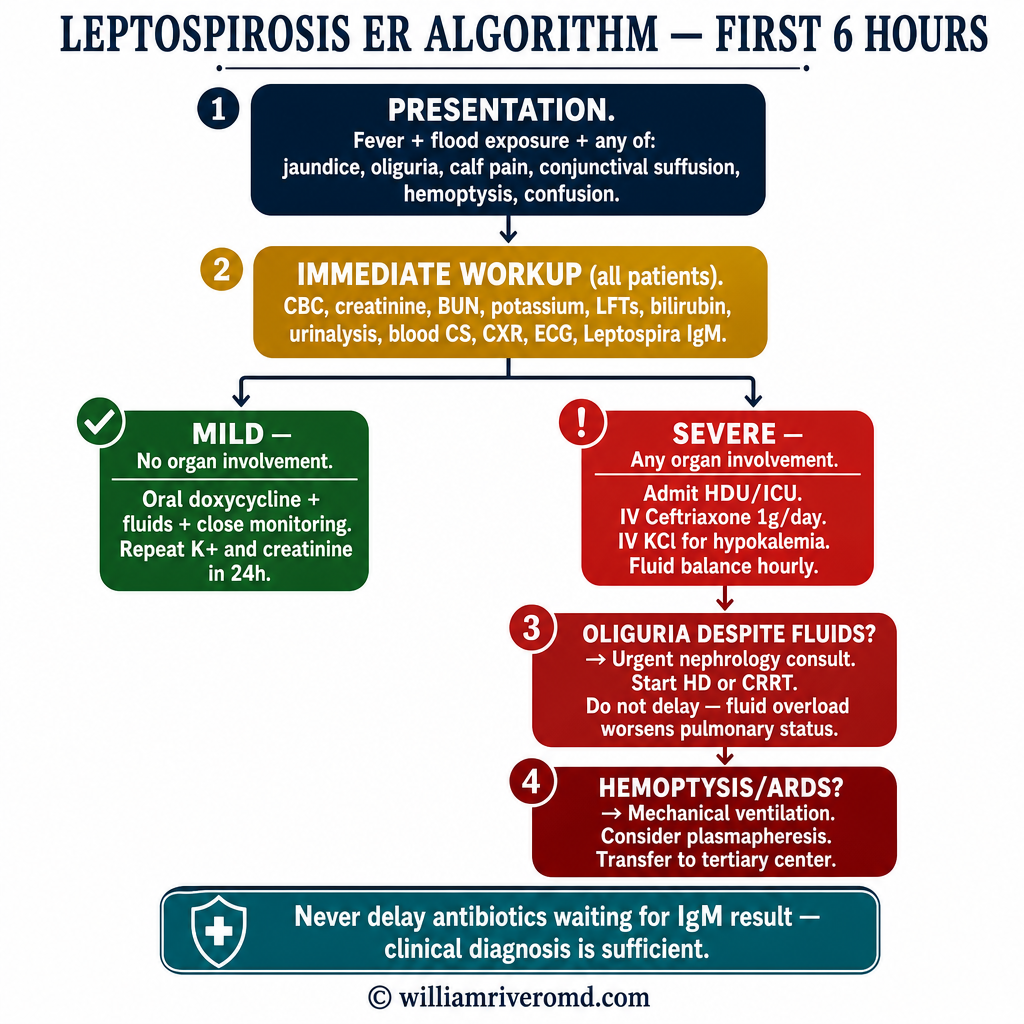 Leptospirosis ER algorithm — first 6 hours: immediate workup, mild vs severe branching, oliguria and ARDS protocols