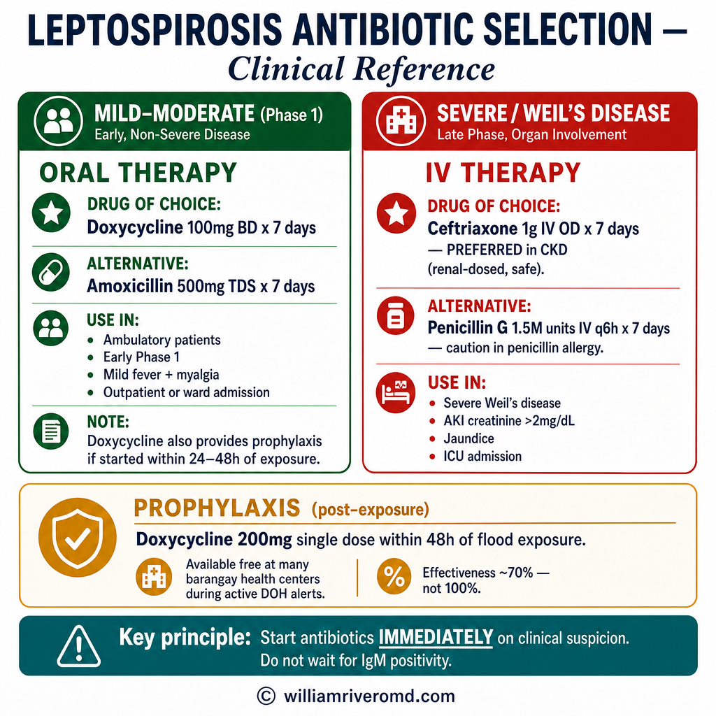 Leptospirosis antibiotic selection — oral doxycycline for mild, IV ceftriaxone for Weil's disease, post-exposure prophylaxis