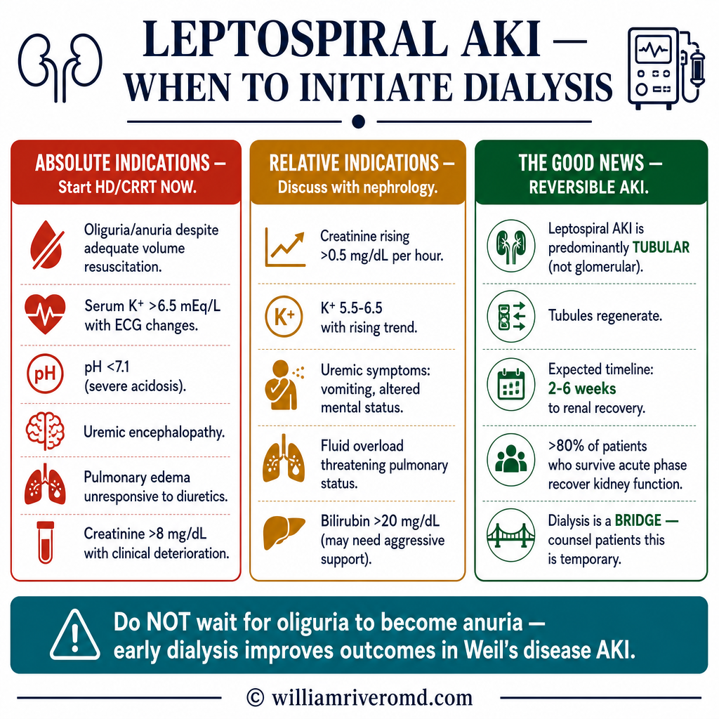 Leptospiral AKI — dialysis indications, reversibility of tubular injury, expected timeline for kidney recovery