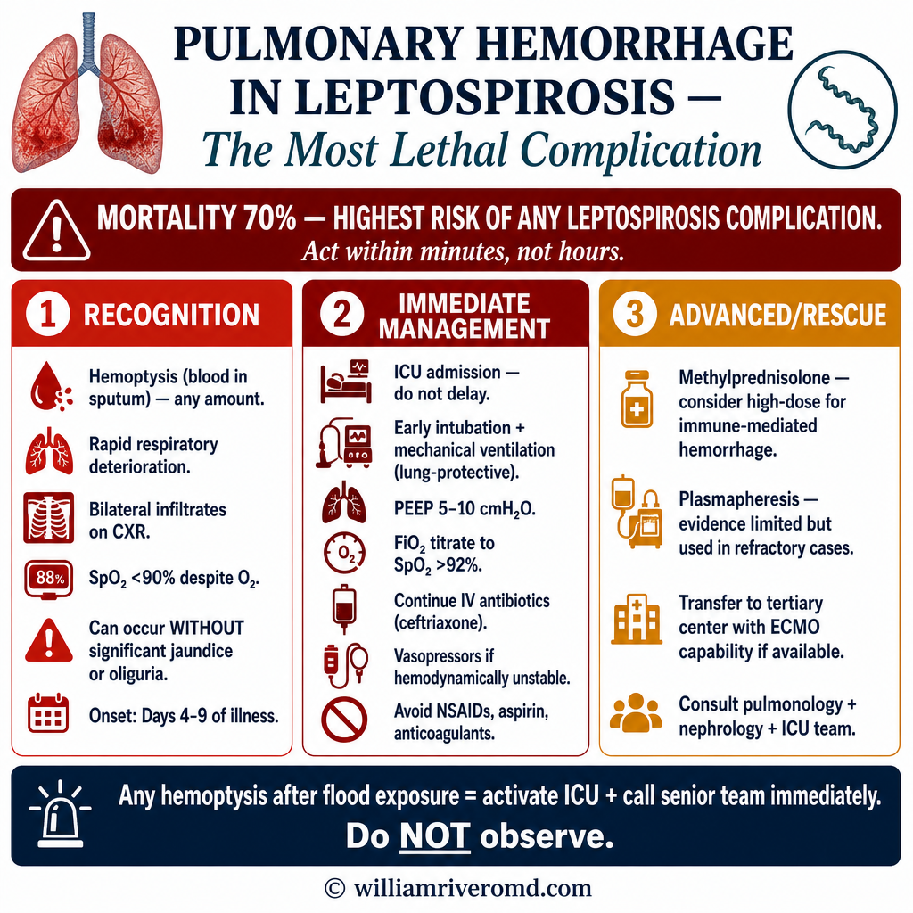 Pulmonary hemorrhage in leptospirosis — 70% mortality, recognition, ICU management, advanced rescue options
