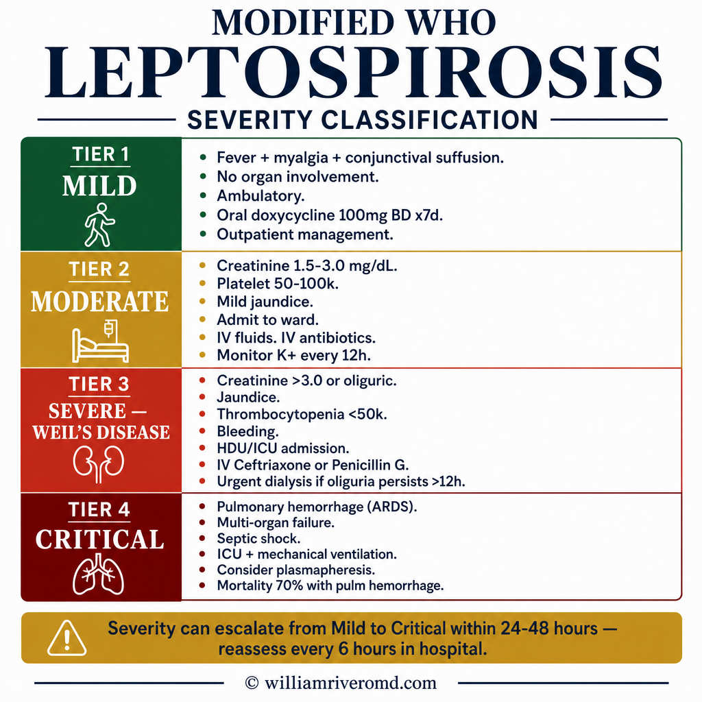 Modified WHO Leptospirosis Severity Classification — Mild, Moderate, Weil's Disease, Critical management tiers