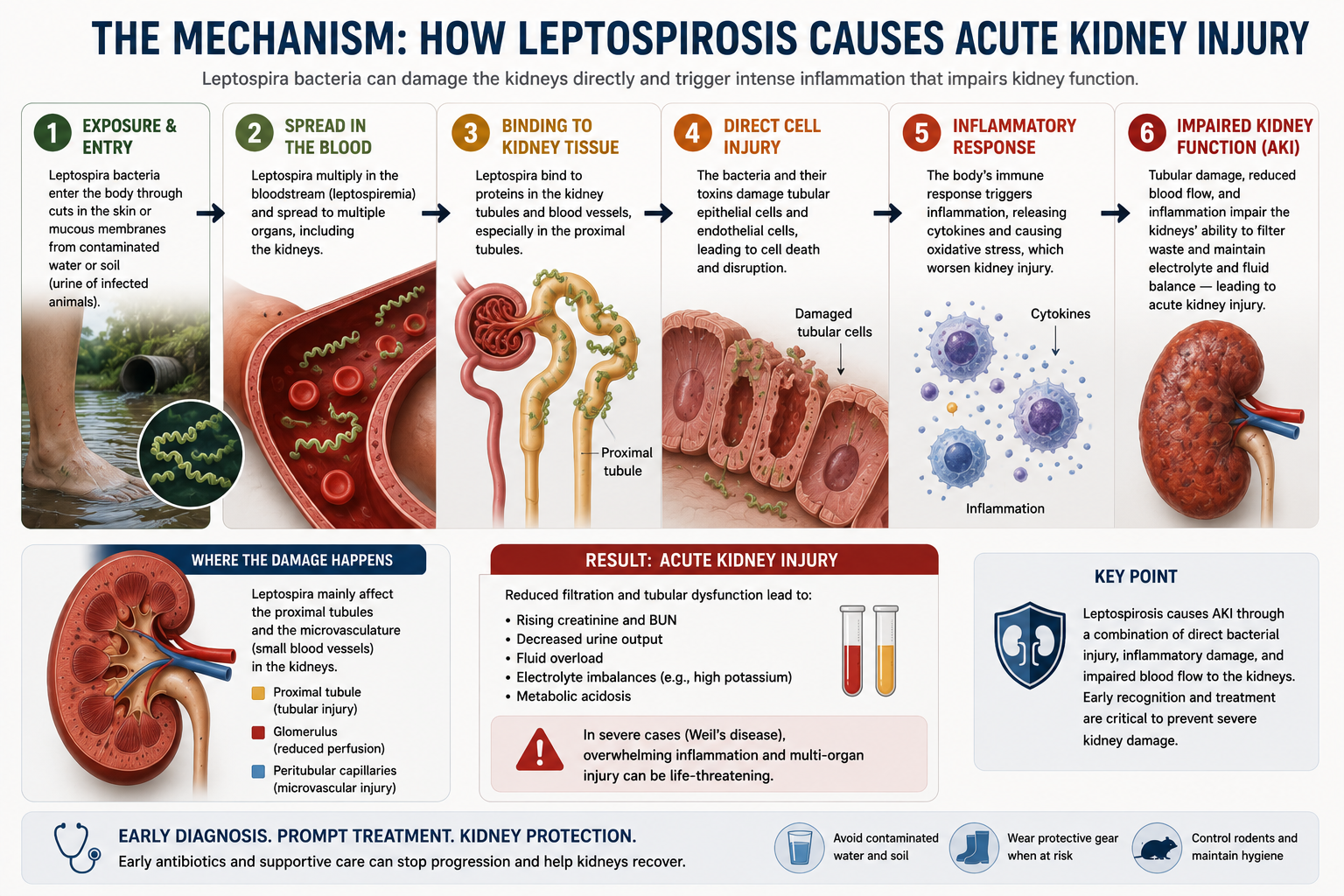 The Mechanism: How Leptospirosis Causes Acute Kidney Injury — 6-step pathway from exposure and entry, spread in blood, binding to kidney tissue, direct cell injury, inflammatory response, to impaired kidney function (AKI); with diagrams of tubular damage sites and key point summary.