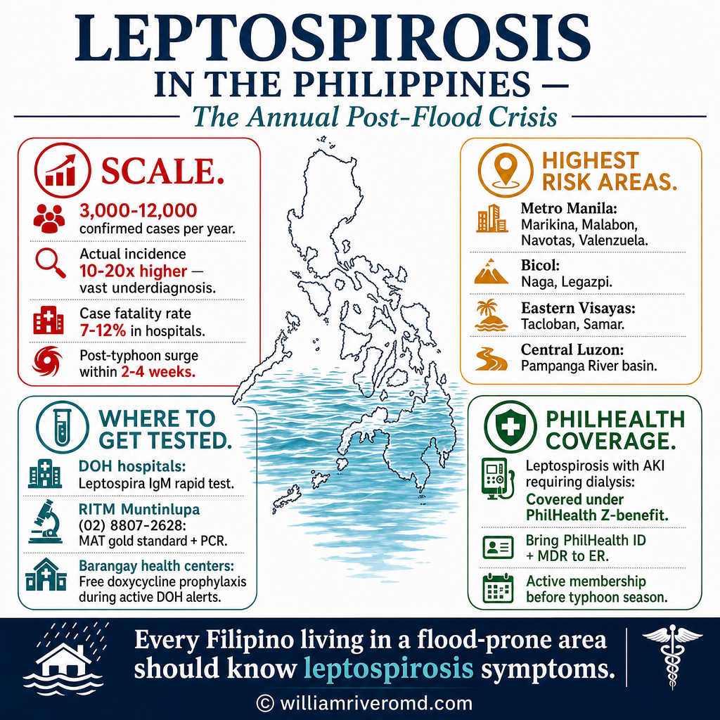 Leptospirosis in the Philippines — post-flood crisis scale, high-risk areas, testing centers, PhilHealth coverage