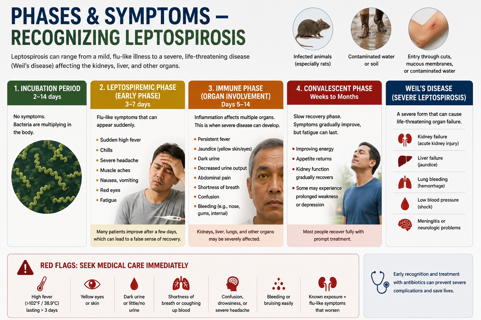 Phases and Symptoms — Recognizing Leptospirosis: 4 phases (incubation, leptospiremic, immune/organ involvement, convalescent) with Weil's disease complications column and red flags for seeking immediate medical care.