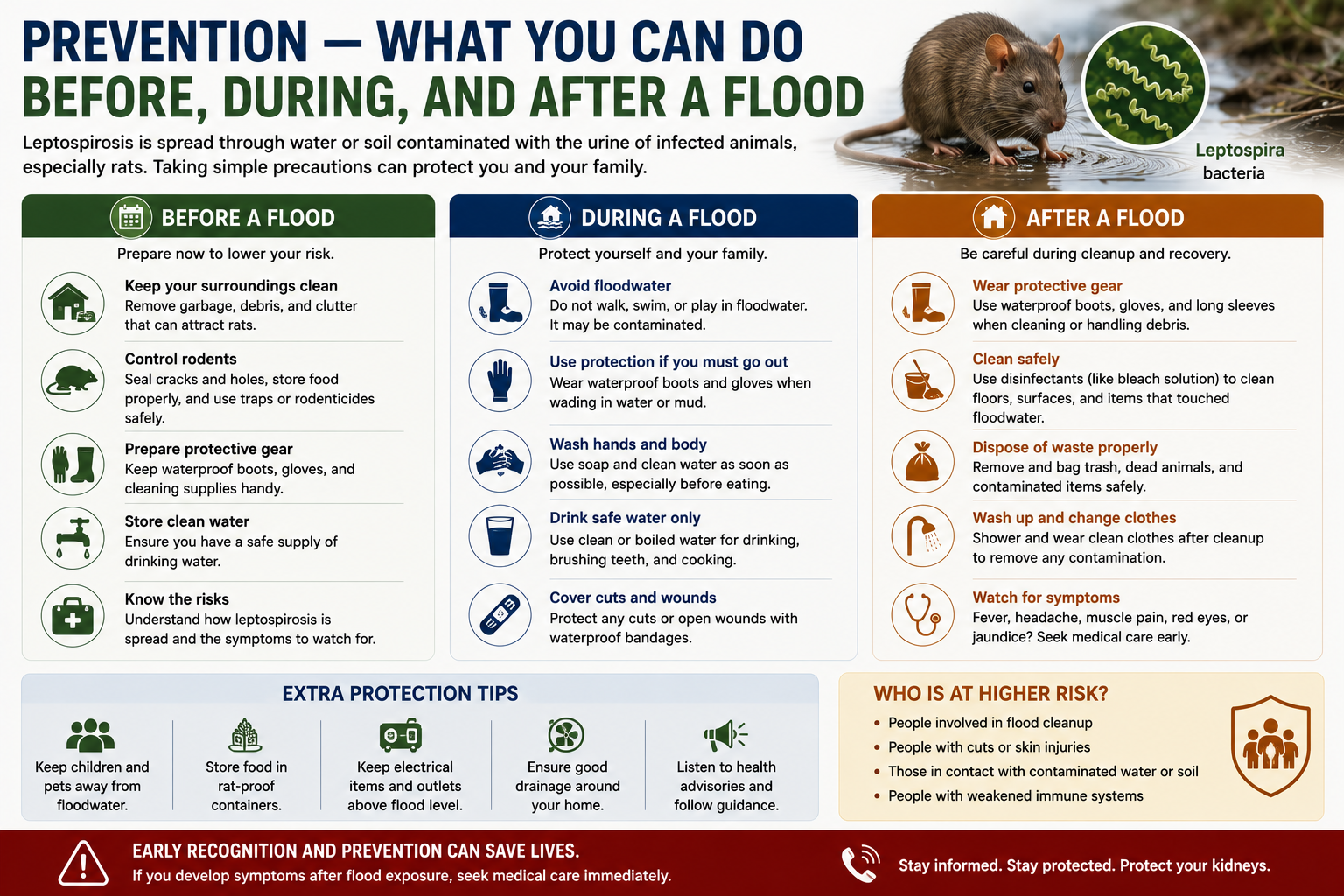 Prevention — What You Can Do Before, During, and After a Flood: three-column guide with specific actions for each period, extra protection tips, and who is at higher risk of leptospirosis.