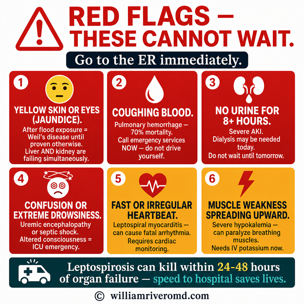 Leptospirosis red flags — 6 emergency warning signs: jaundice, hemoptysis, anuria, confusion, arrhythmia, muscle weakness