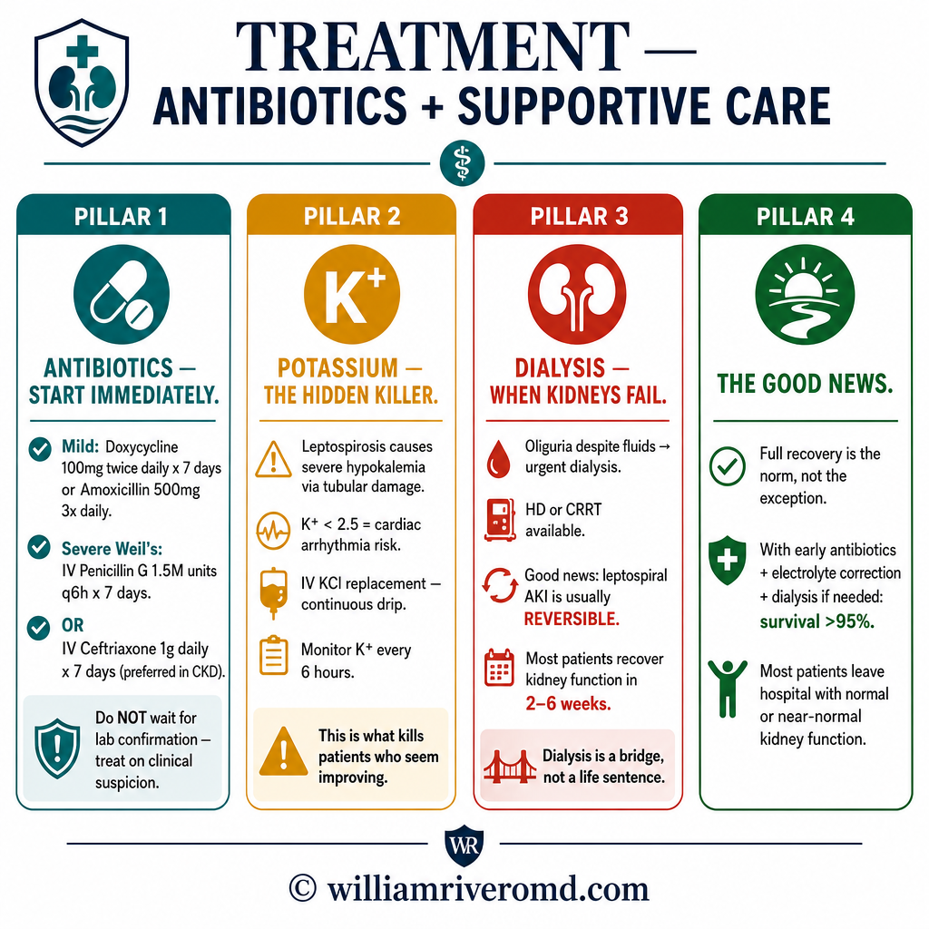 Leptospirosis treatment pillars — antibiotics, potassium replacement, dialysis as a bridge, expected recovery