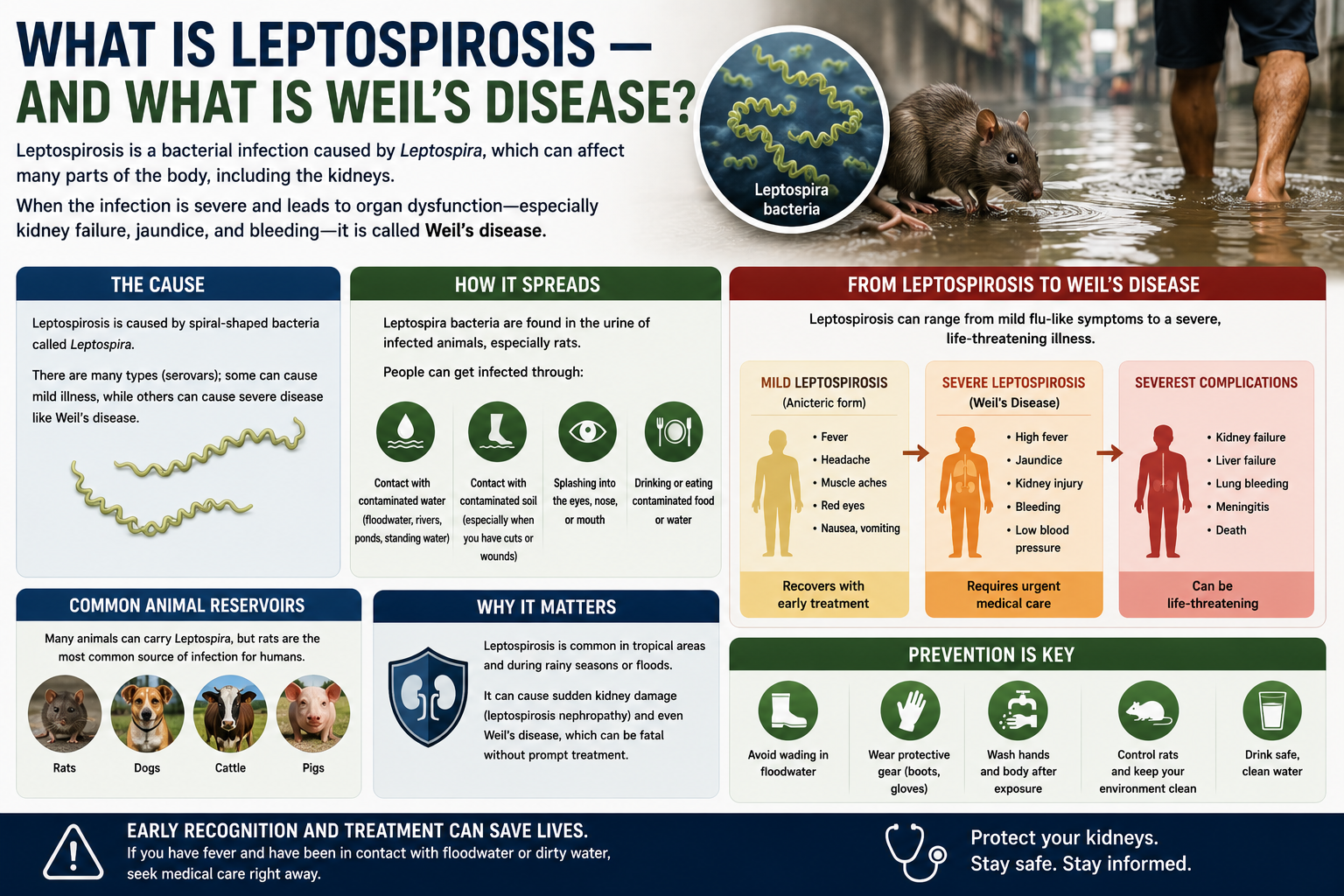 What Is Leptospirosis and Weil's Disease — infographic showing causes, how it spreads, disease progression from mild to severe, common animal reservoirs, and prevention key points.
