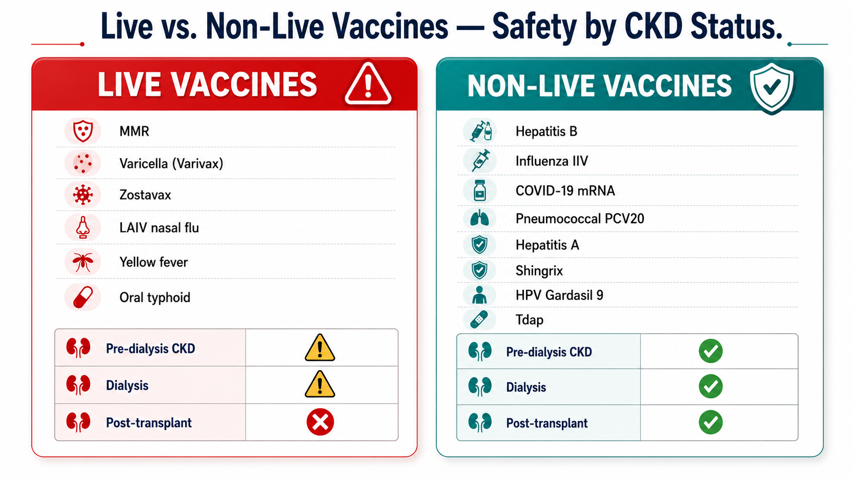 Side-by-side reference chart: Live Vaccines column (MMR, Varicella, Zostavax, LAIV, Yellow fever, Oral typhoid) marked with caution or contraindicated by CKD stage; Non-Live Vaccines column (HepB, Influenza IIV, COVID mRNA, PCV20, HepA, Shingrix, Gardasil 9, Tdap) marked safe across all CKD stages