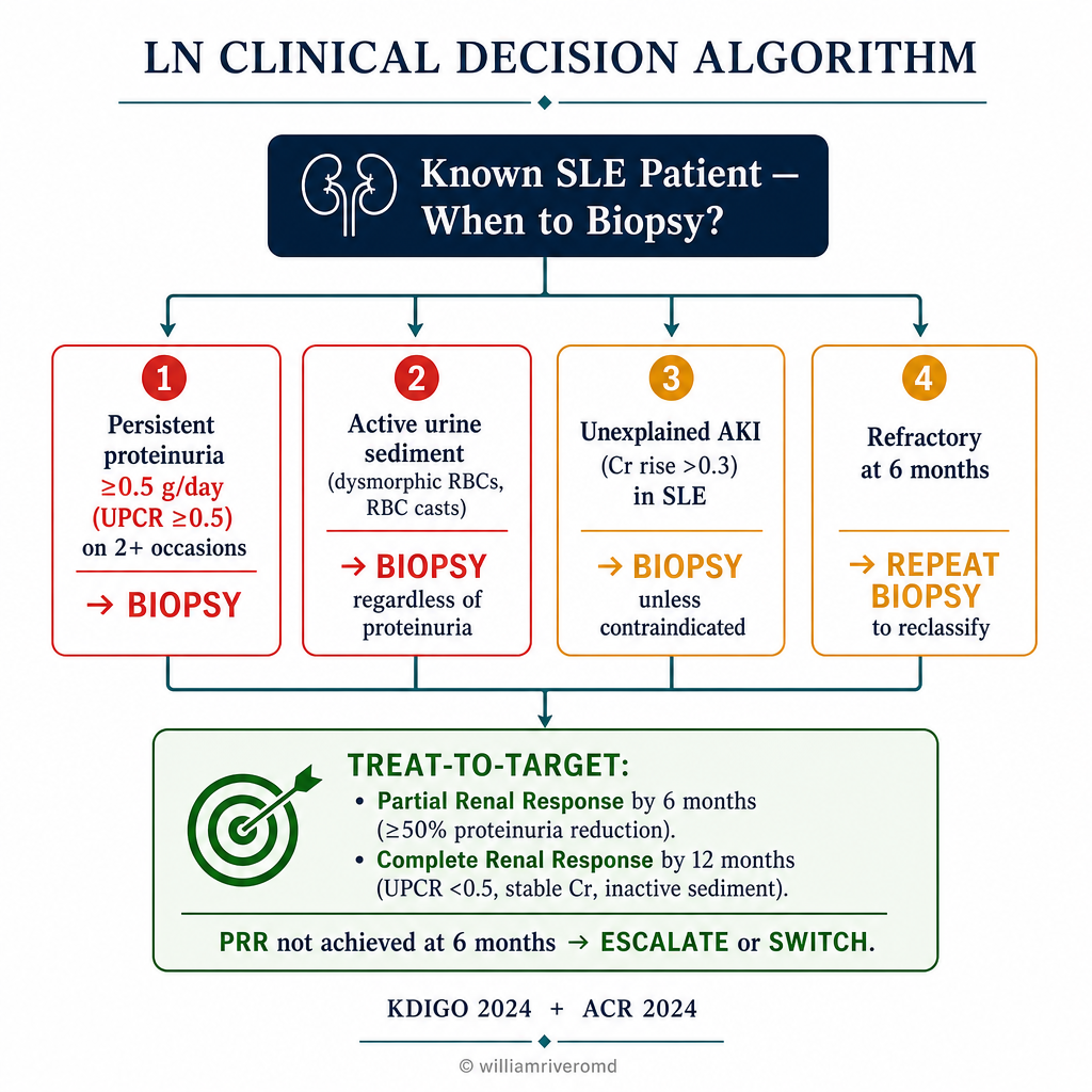 Lupus nephritis clinical decision algorithm (KDIGO 2024 + ACR 2024): when to biopsy — persistent proteinuria ≥0.5 g/day on 2+ occasions, active urine sediment (RBC casts), unexplained AKI, refractory at 6 months → repeat biopsy; treat-to-target: Partial Renal Response (≥50% proteinuria reduction) by 6 months, Complete Renal Response (UPCR <0.5, stable Cr, inactive sediment) by 12 months; failure to achieve PRR at 6 months → escalate or switch regimen
