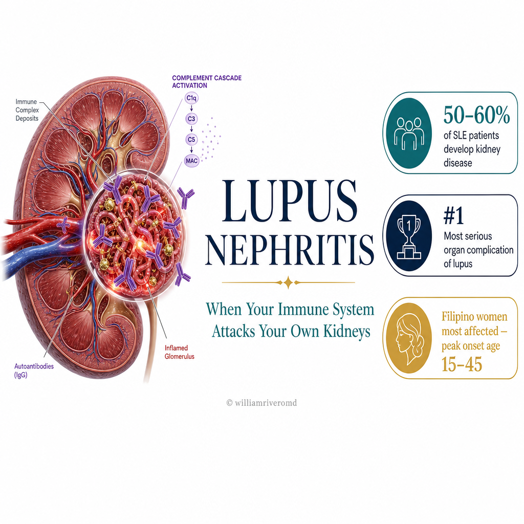 Lupus Nephritis — When Your Immune System Attacks Your Kidneys: autoimmune cascade from SLE triggers to immune complex deposition in the glomerulus, with key statistics on Filipino patients and modern treatment options