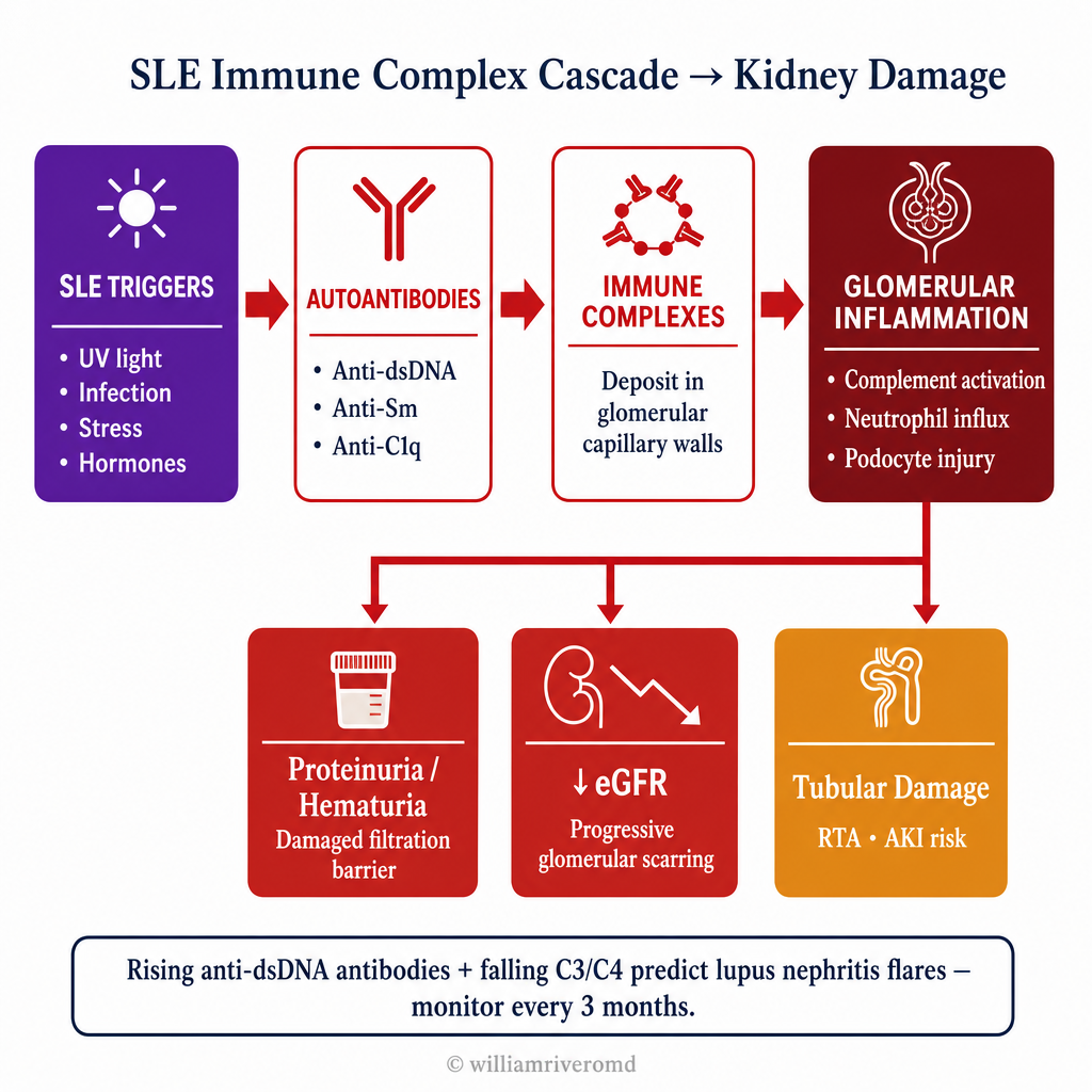Immune complex cascade: SLE triggers (UV, infection, stress, hormones) → autoantibodies (anti-dsDNA, anti-Sm, anti-C1q) → immune complex deposition in glomerular capillary walls → glomerular inflammation with complement activation and neutrophil influx → proteinuria/hematuria, falling eGFR, tubular damage/AKI