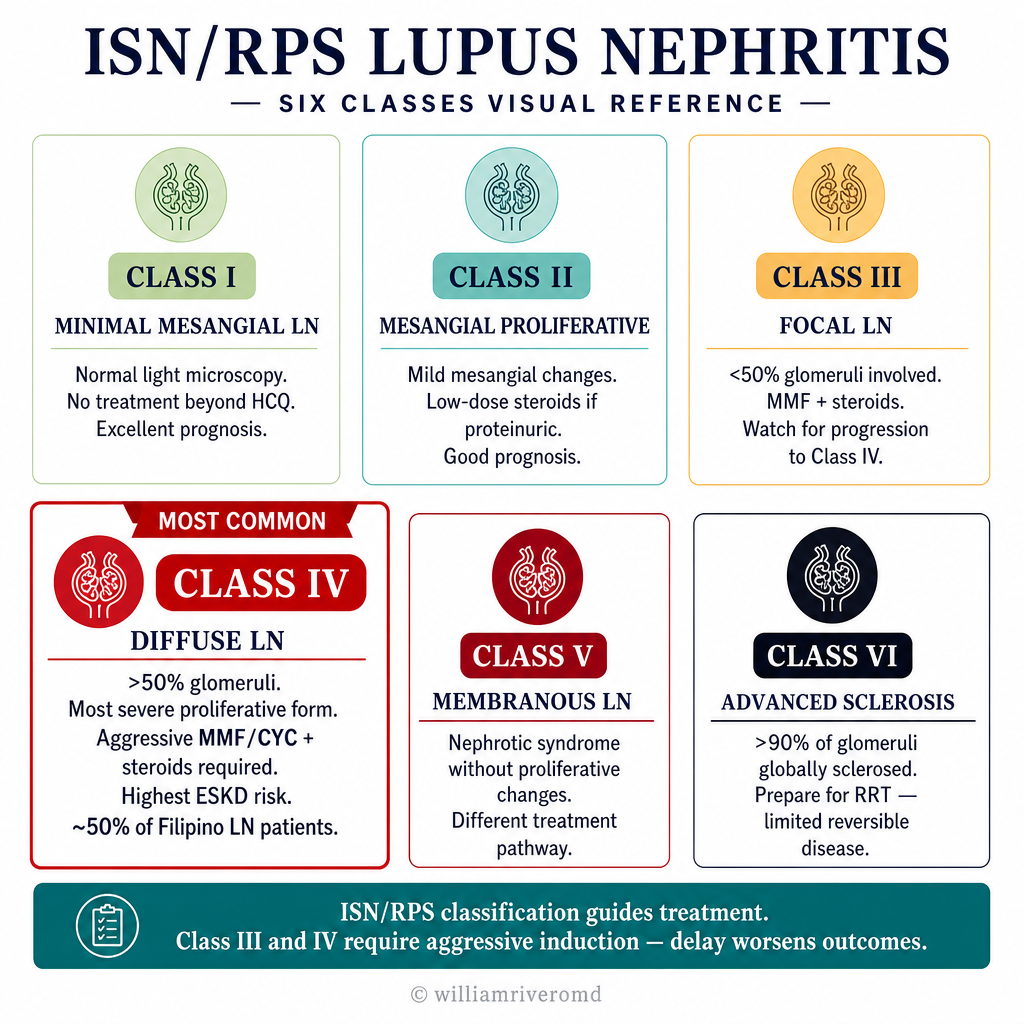 ISN/RPS 2018 lupus nephritis classification: Class I minimal mesangial LN (excellent prognosis, HCQ only), Class II mesangial proliferative (good prognosis), Class III focal LN <50% glomeruli (MMF + steroids), Class IV diffuse LN >50% glomeruli (MOST COMMON, highest ESKD risk, aggressive induction required, ~50% of Filipino LN patients), Class V membranous LN (nephrotic syndrome, different treatment), Class VI advanced sclerosis >90% (prepare for RRT)