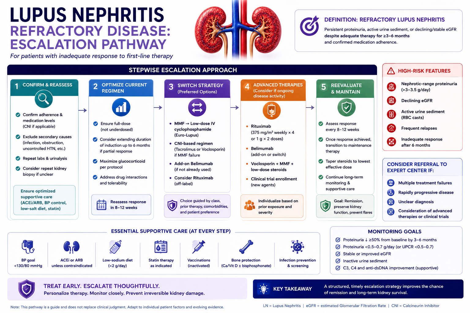 Refractory lupus nephritis escalation algorithm: decision tree from failed induction through switch, biologic add-on, rituximab, and plasma exchange steps