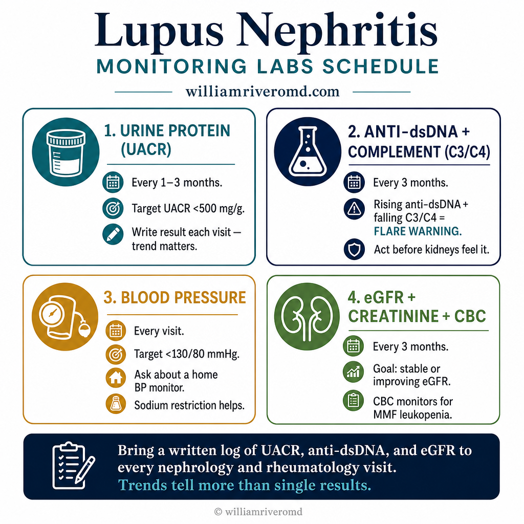 Lupus nephritis monitoring schedule: UACR every 1–3 months (target <500 mg/g), anti-dsDNA + C3/C4 every 3 months (rising anti-dsDNA + falling C3/C4 = flare warning), blood pressure every visit (target <130/80 mmHg), eGFR + creatinine + CBC every 3 months (watch for MMF leukopenia); bring written log of UACR/anti-dsDNA/eGFR to every nephrology/rheumatology visit